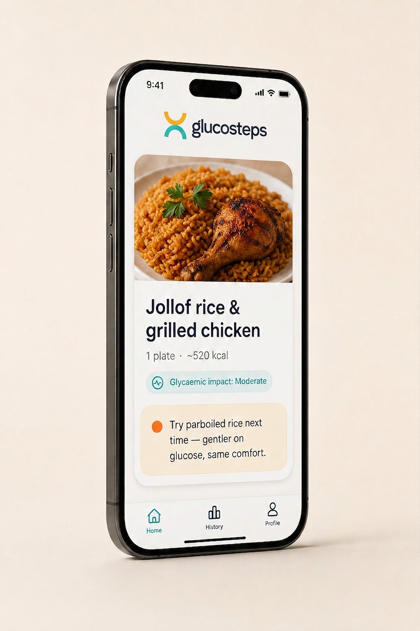 Conceptual mockup of the GlucoSteps app showing a meal card and a cultural-friendly suggestion