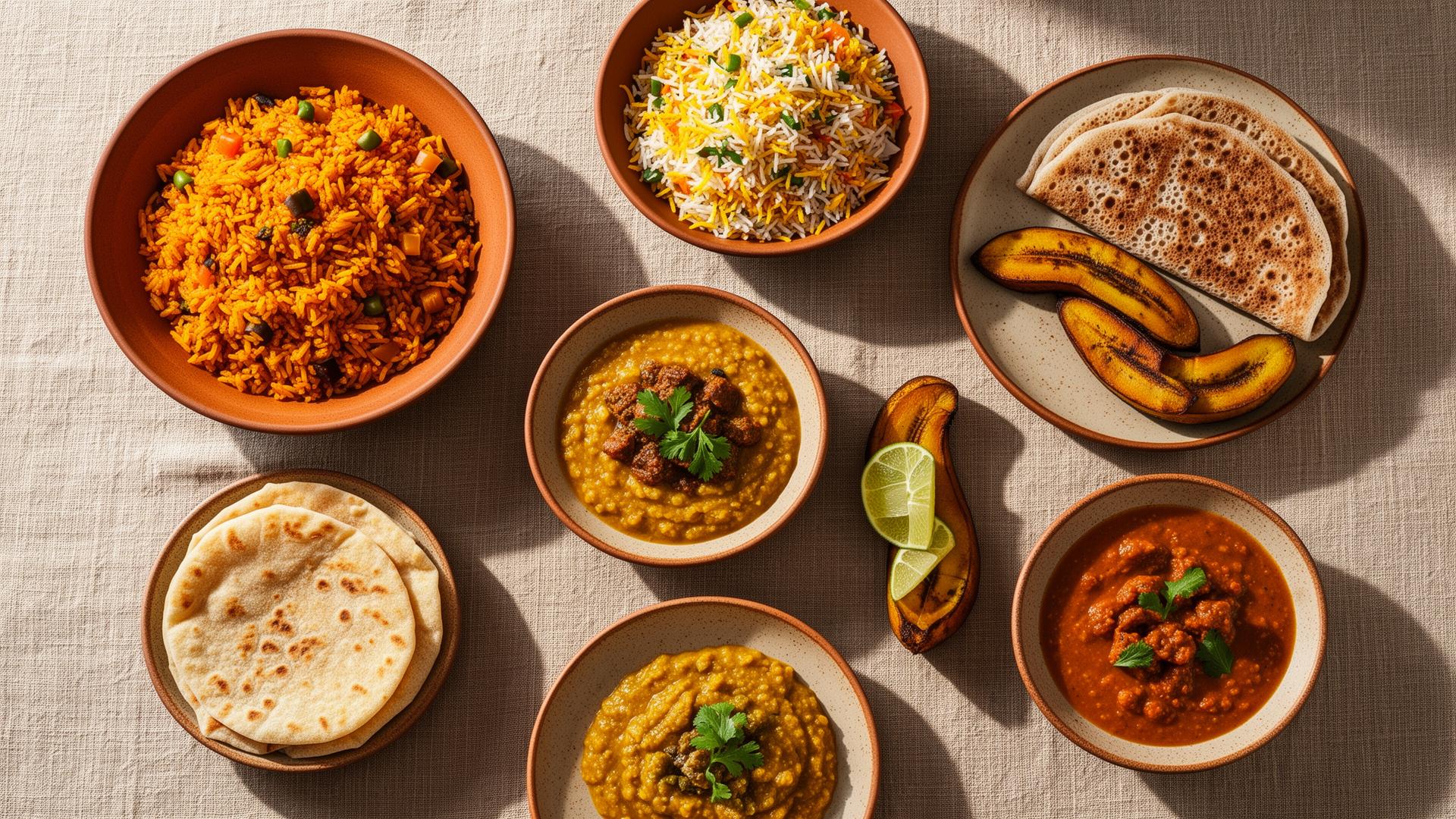 A spread of culturally diverse home-cooked meals: jollof rice, biryani, daal, injera, plantain and roti
